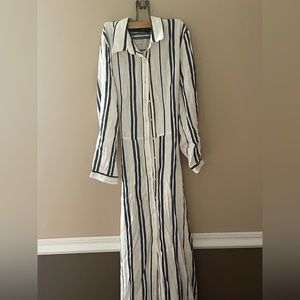 Zara Woman Linen Blend Blue White Striped midi Dress 3/4 Sleeve Size S